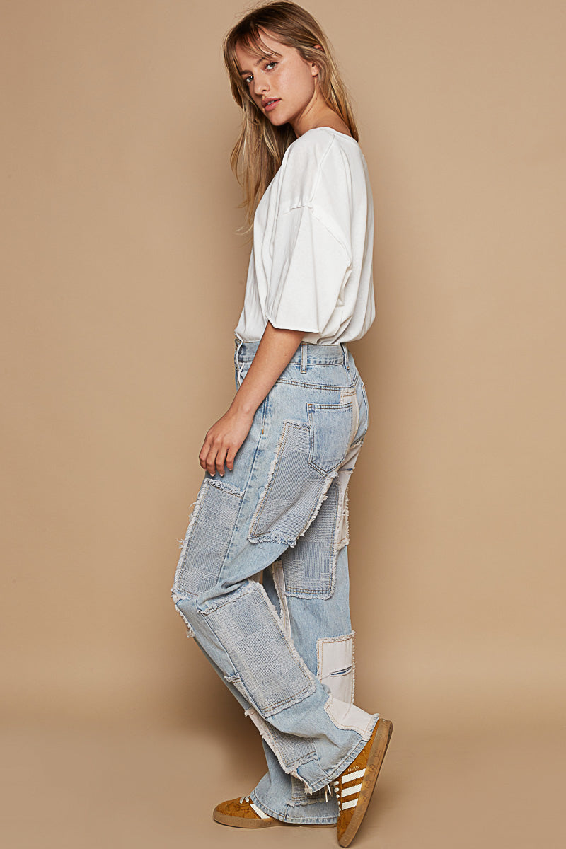 POL Contrast Patched Raw Hem Straight Jeans