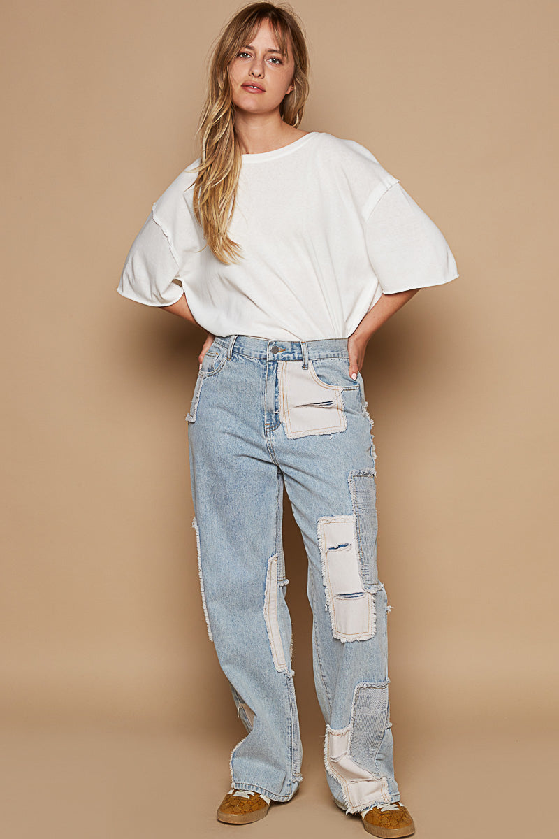 POL Contrast Patched Raw Hem Straight Jeans