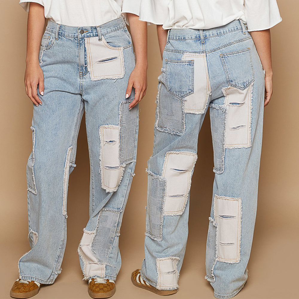 POL Contrast Patched Raw Hem Straight Jeans