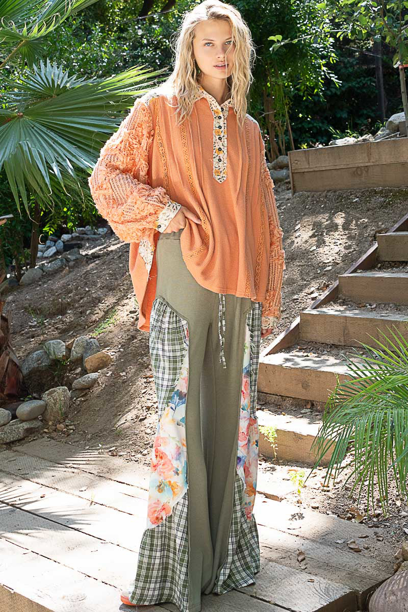 POL Floral Half Button Lace Detail Long Sleeve Top