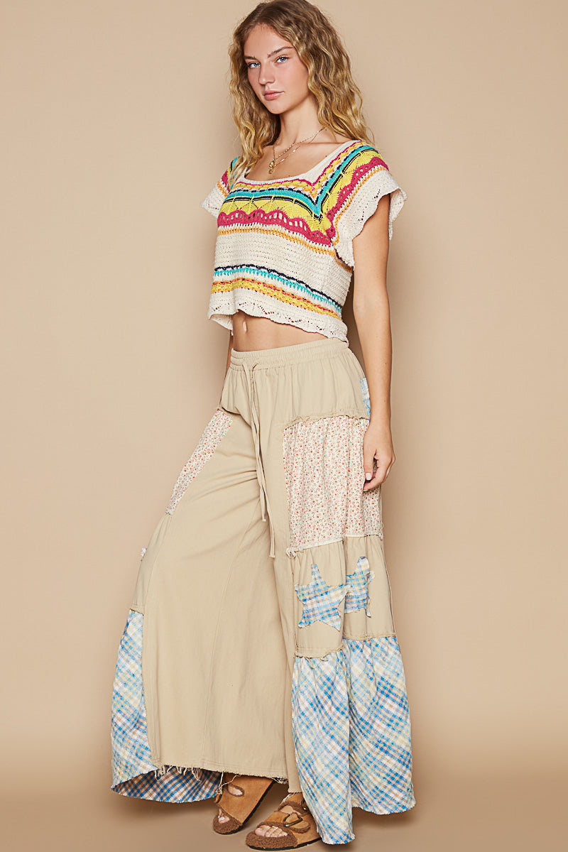 POL Drawstring Star Patch Contrast Wide Leg Pants