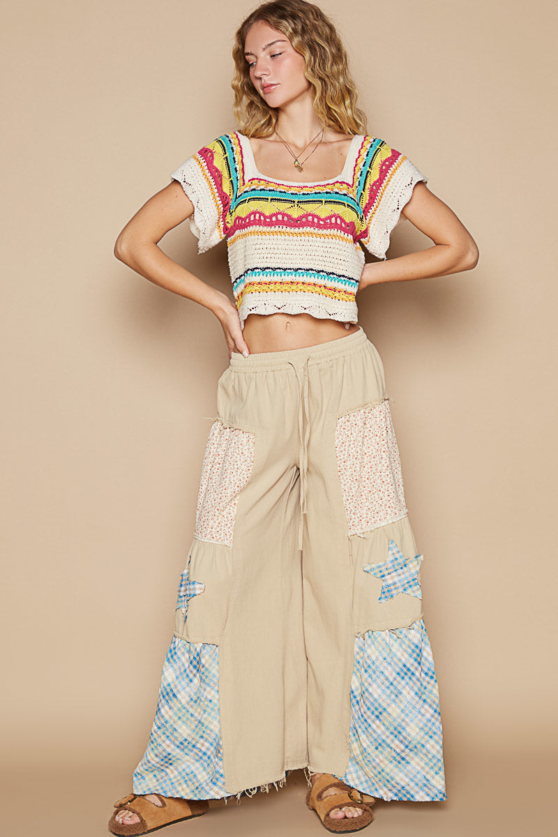 POL Drawstring Star Patch Contrast Wide Leg Pants