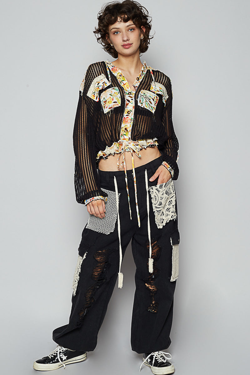 POL Vintage Washed Crochet Hoodie Top With Patchwork