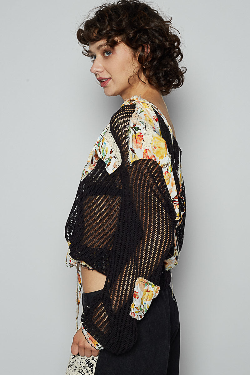 POL Vintage Washed Crochet Hoodie Top With Patchwork