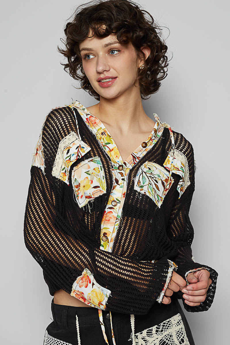 POL Vintage Washed Crochet Hoodie Top With Patchwork