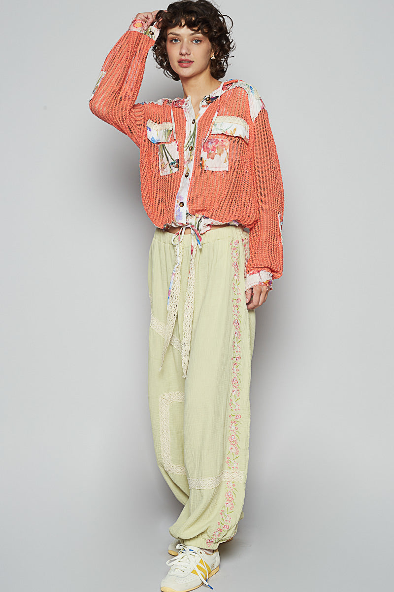 POL Vintage Washed Crochet Hoodie Top With Patchwork