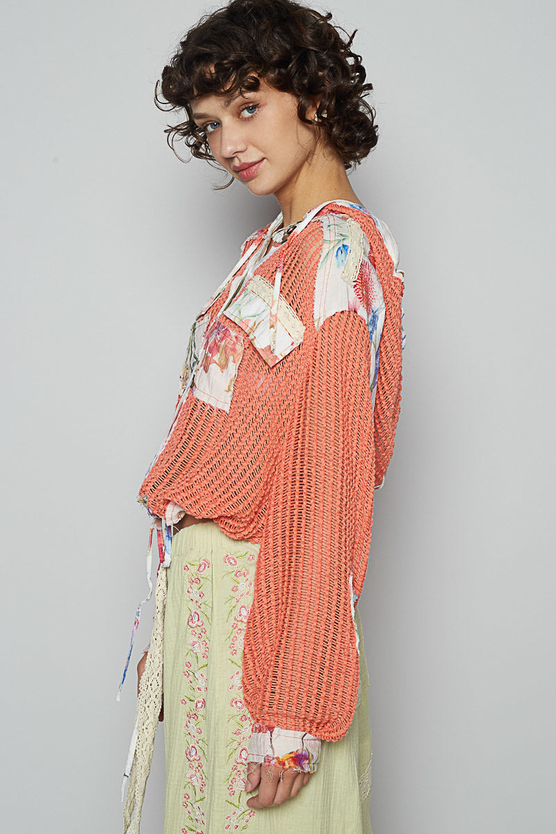 POL Vintage Washed Crochet Hoodie Top With Patchwork