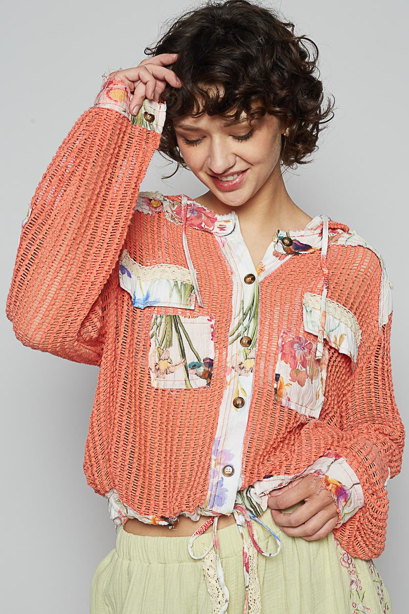 POL Vintage Washed Crochet Hoodie Top With Patchwork