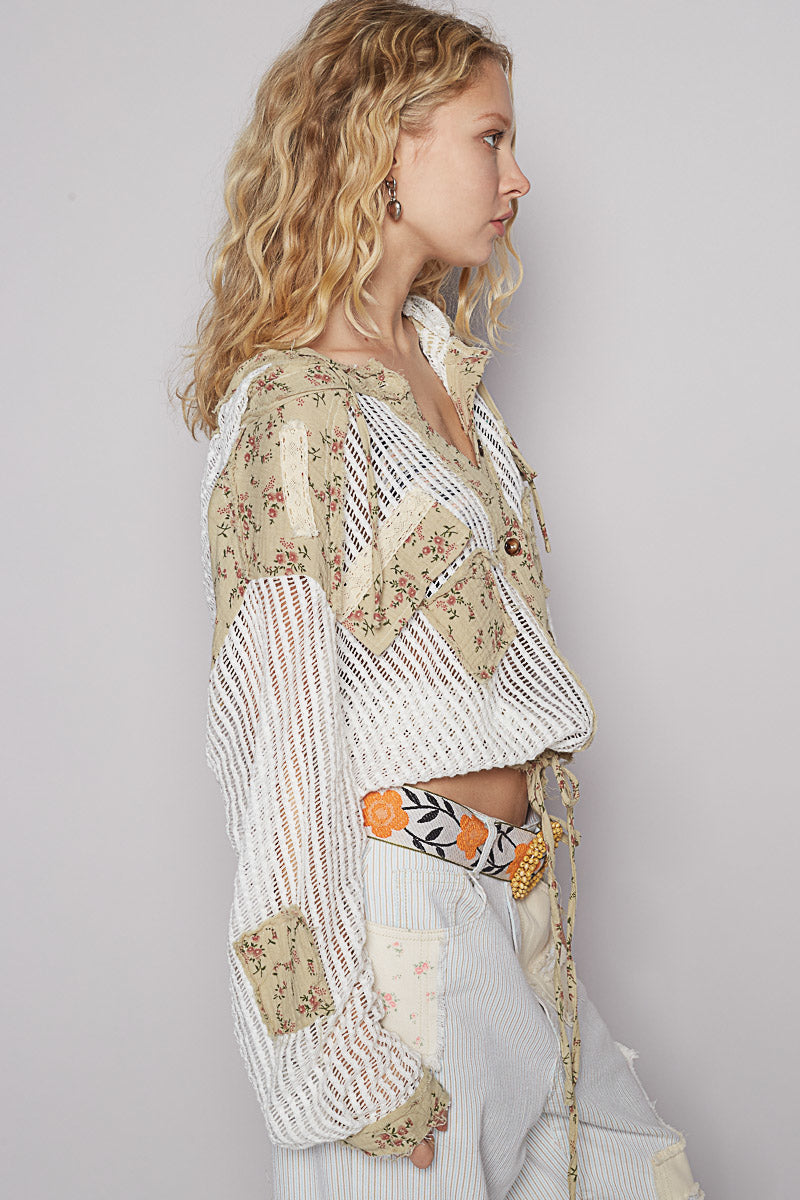 POL Vintage Washed Crochet Hoodie Top With Patchwork