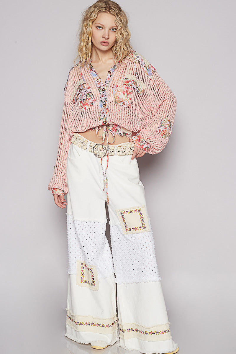 POL Vintage Washed Crochet Hoodie Top With Patchwork