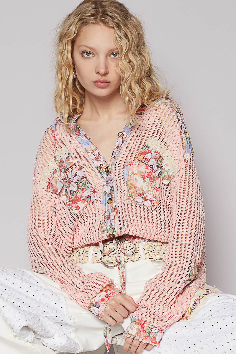 POL Vintage Washed Crochet Hoodie Top With Patchwork