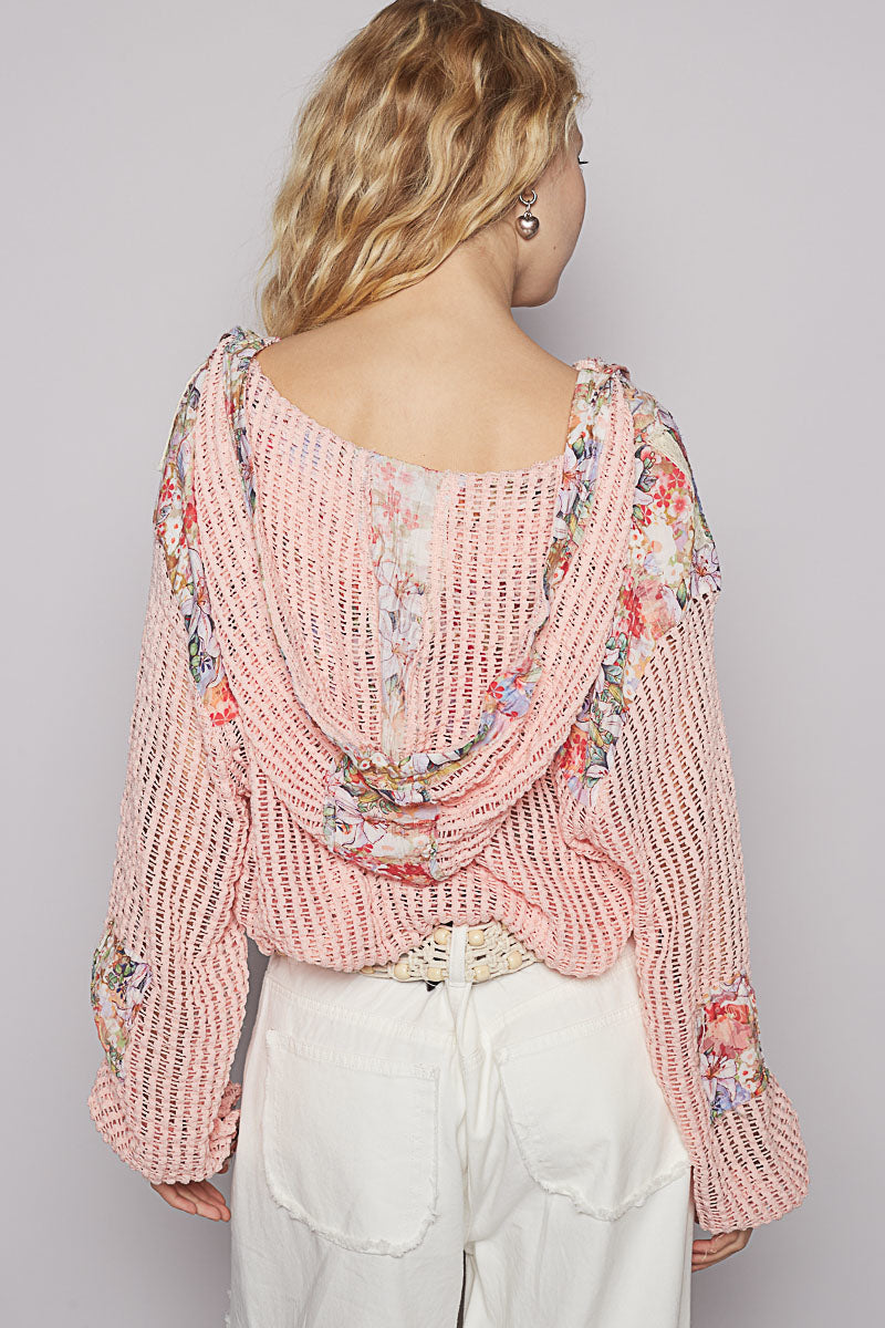 POL Vintage Washed Crochet Hoodie Top With Patchwork