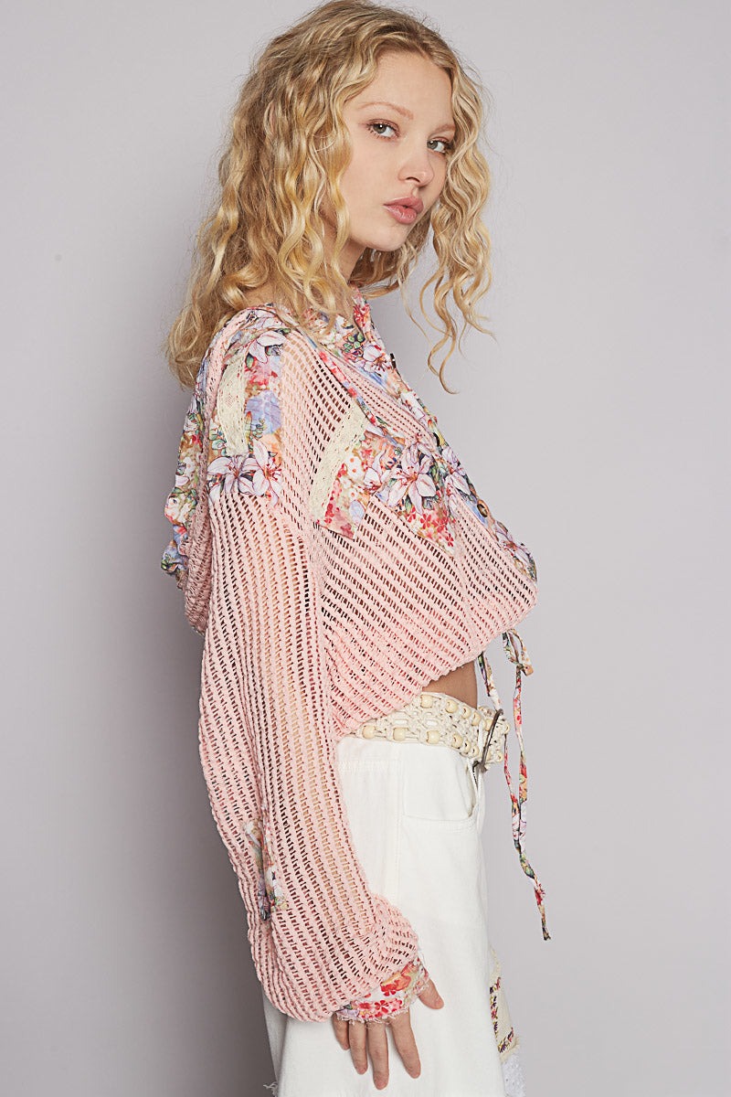 POL Vintage Washed Crochet Hoodie Top With Patchwork