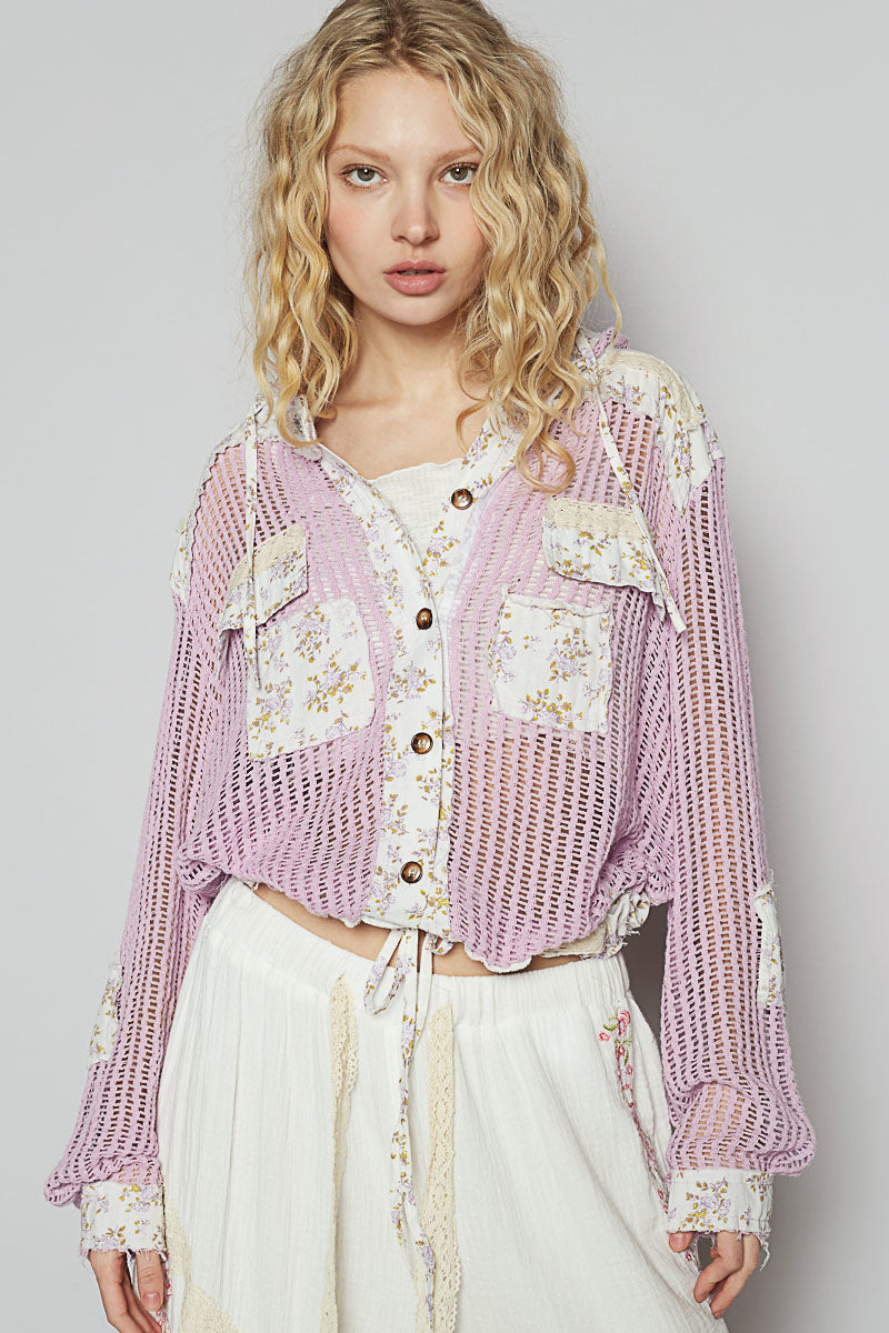 POL Vintage Washed Crochet Hoodie Top With Patchwork
