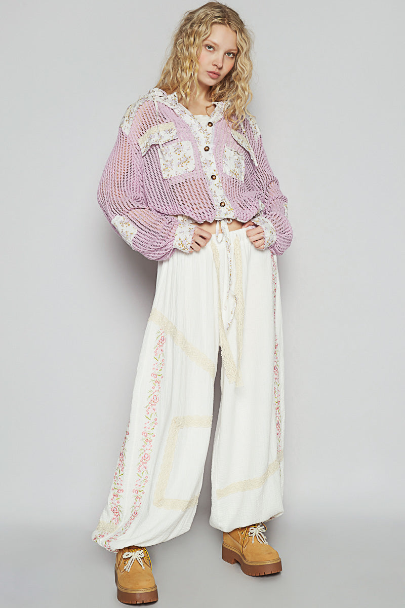 POL Vintage Washed Crochet Hoodie Top With Patchwork