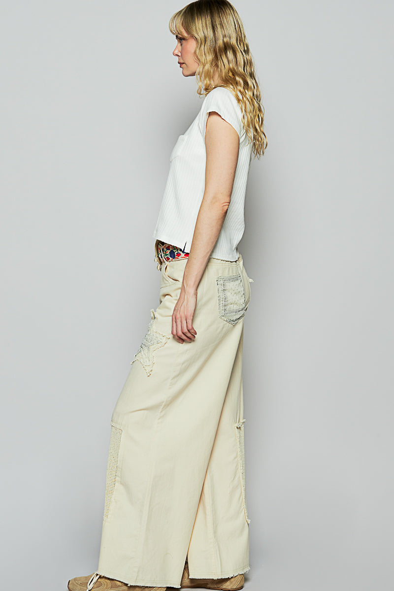 POL Raw Hem Star Patch Wide leg Pants