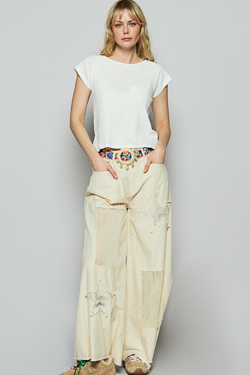 POL Raw Hem Star Patch Wide leg Pants