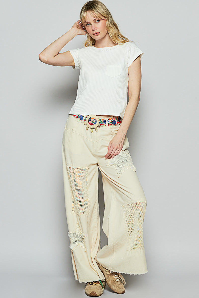 POL Raw Hem Star Patch Wide leg Pants