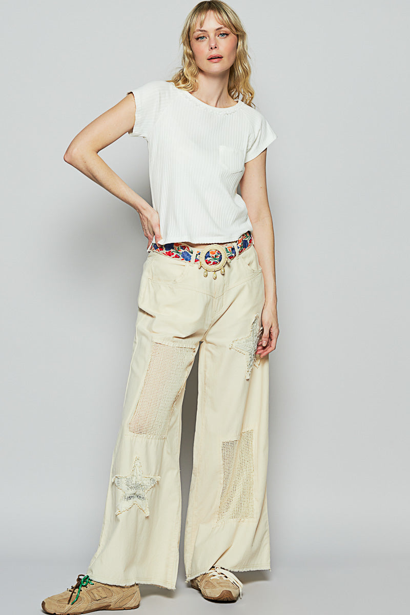 POL Raw Hem Star Patch Wide leg Pants