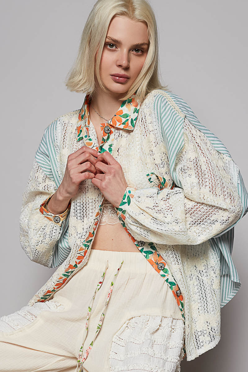 POL Lace Long Sleeve Shirt with Floral and Striped Pattern