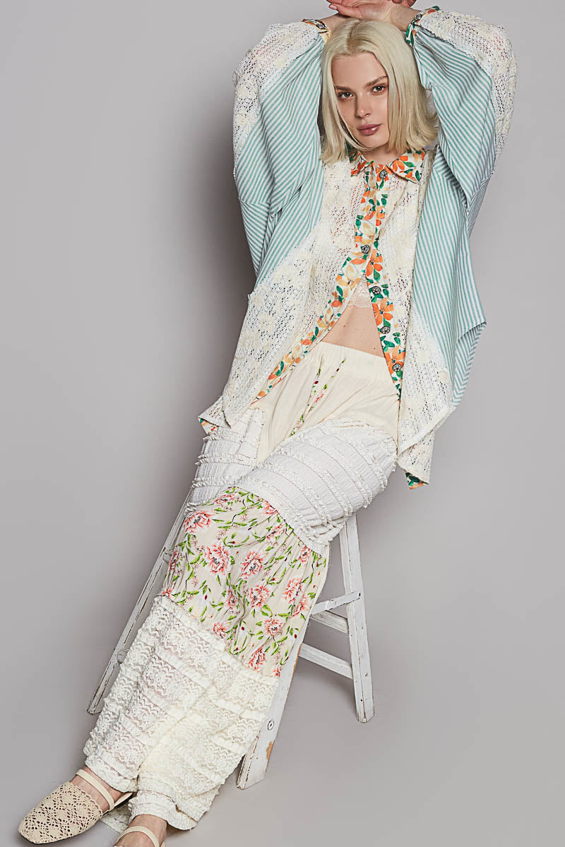 POL Lace Long Sleeve Shirt with Floral and Striped Pattern