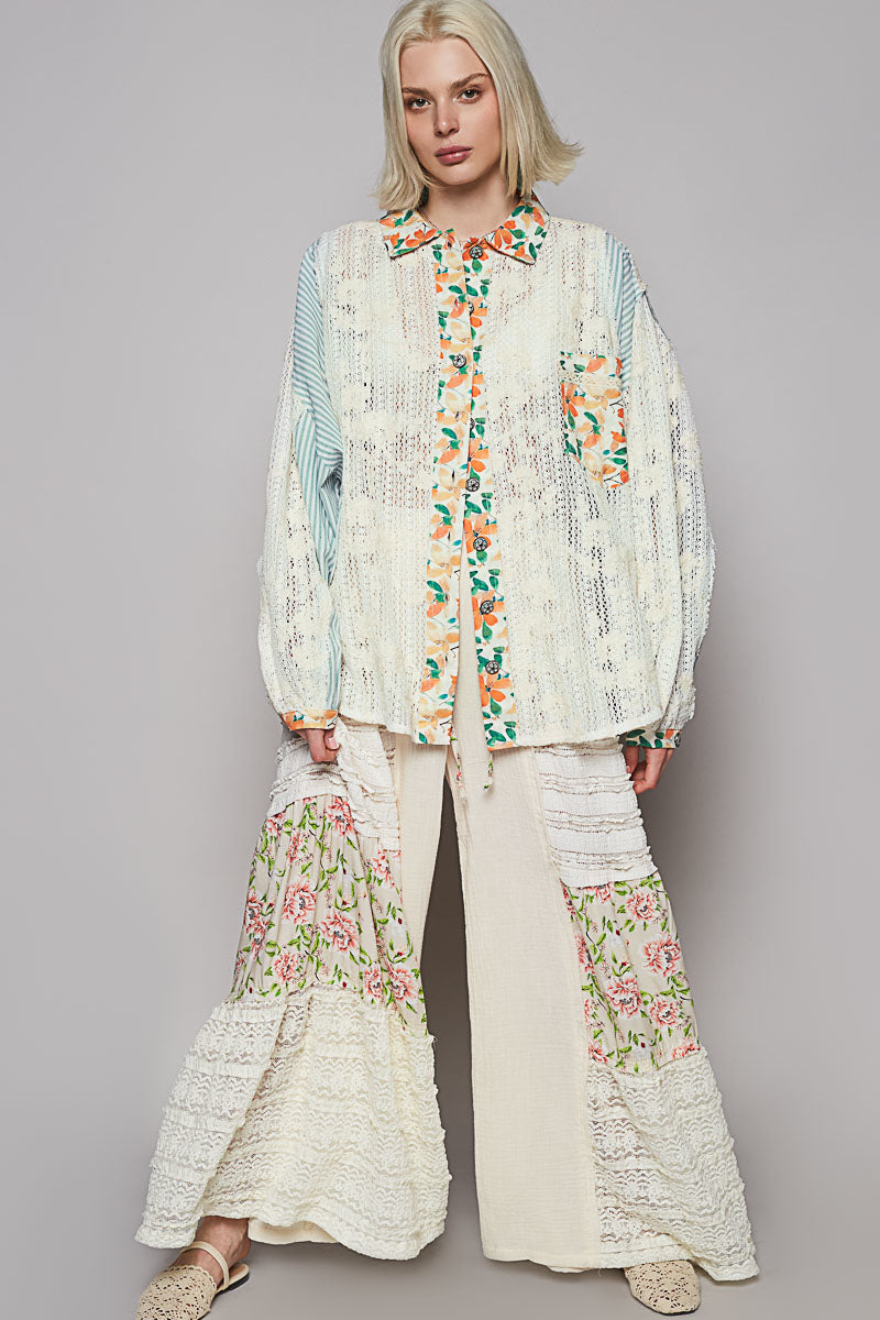POL Lace Long Sleeve Shirt with Floral and Striped Pattern