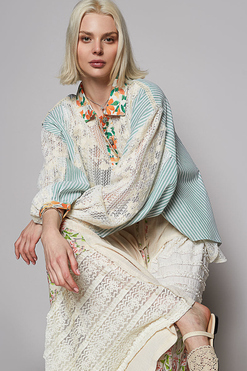 POL Lace Long Sleeve Shirt with Floral and Striped Pattern