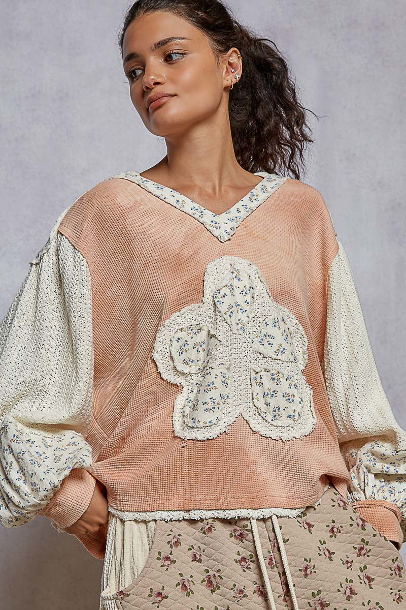 POL Raw Hem Washed Hoodie with Flower Patch
