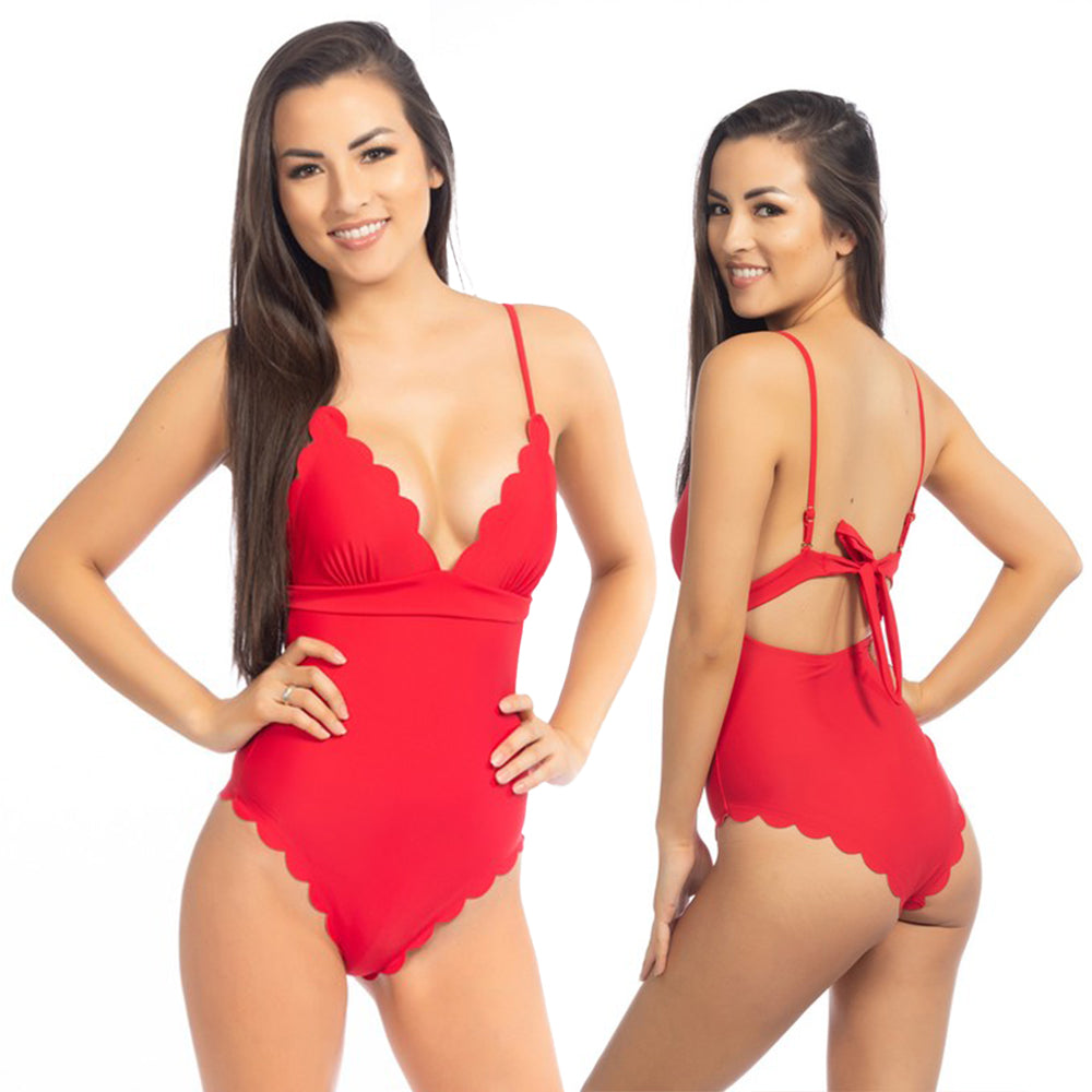 Beach Joy Bikini Red Scalloped One Piece Swimsuit