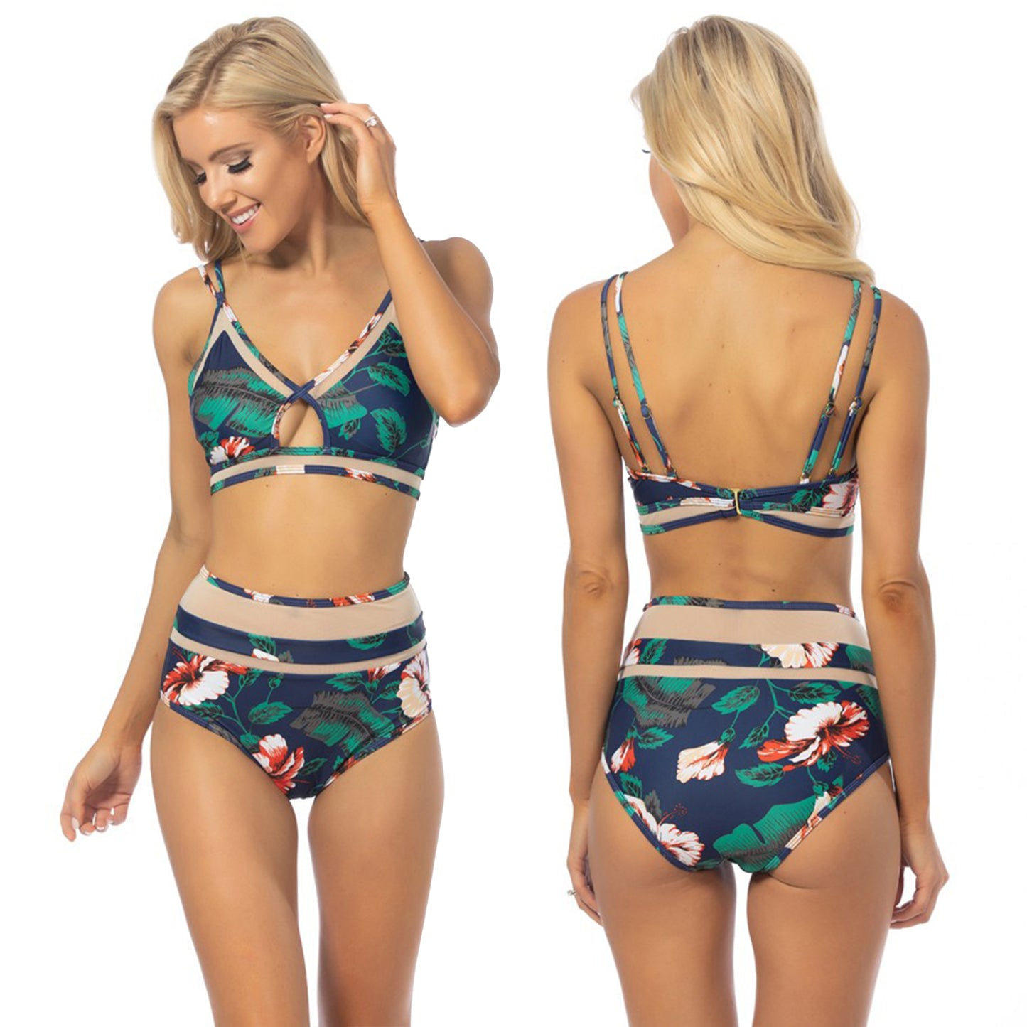 Beach Joy Bikini Navy Floral Mesh Inserts Bikini Set Swimsuit