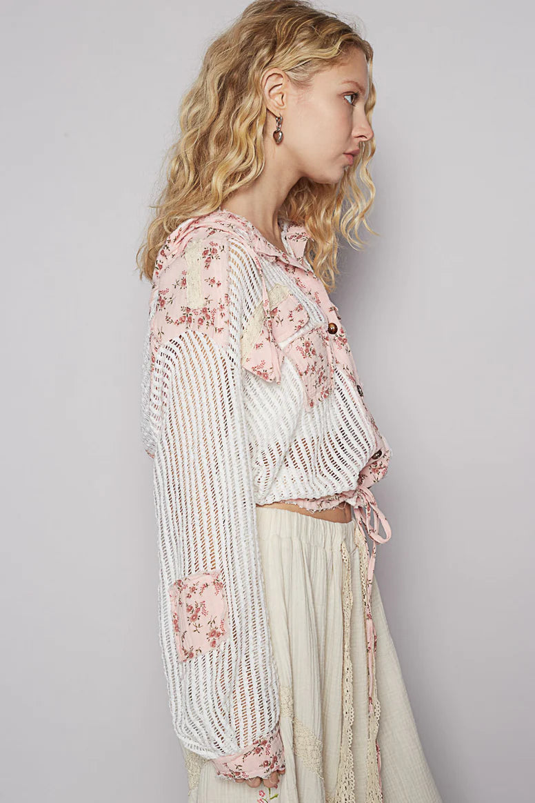 POL Vintage Washed Crochet Hoodie Top With Patchwork