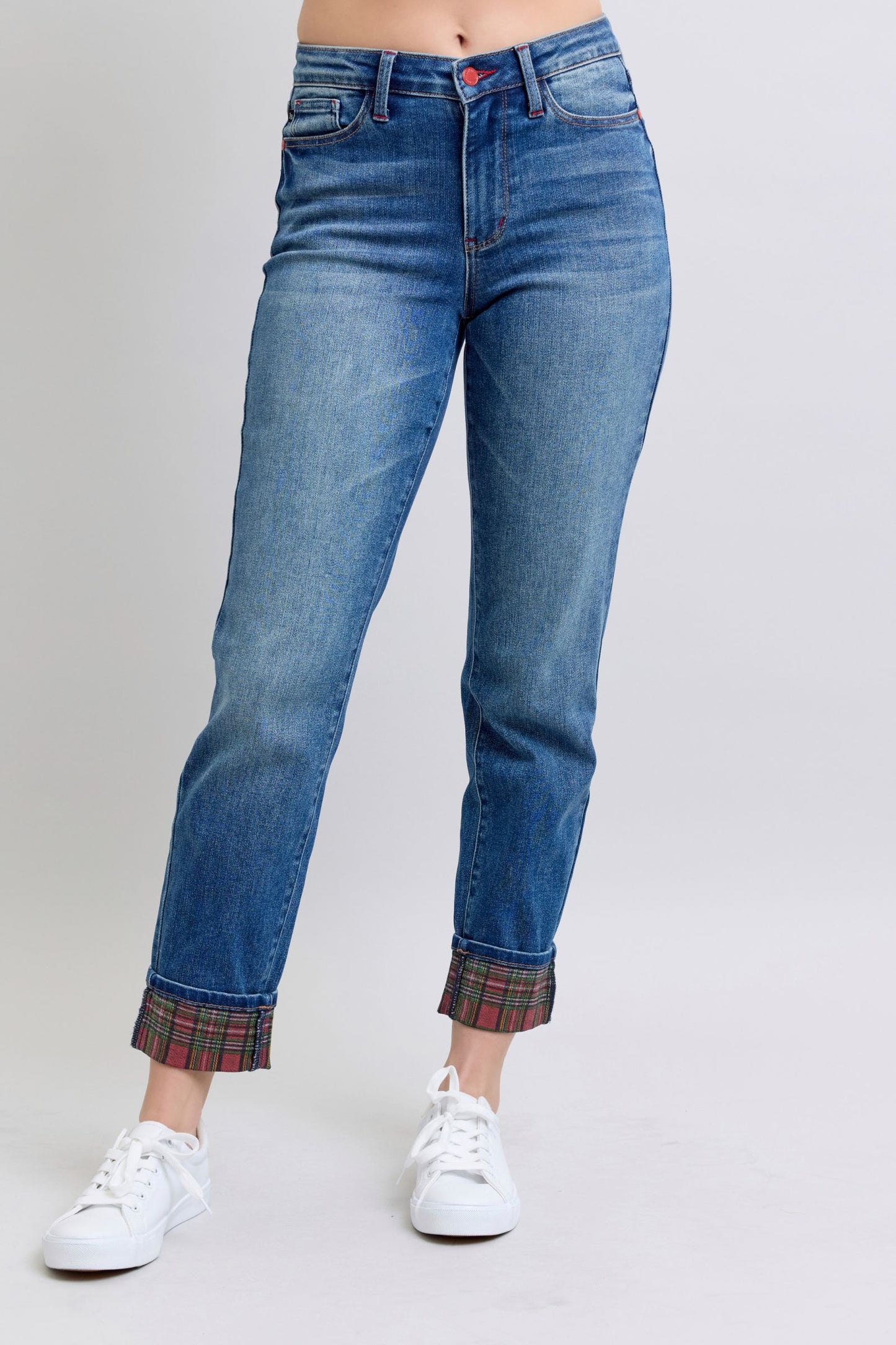 Judy Blue Mid Rise Plaid Print Cuff Boyfriend Jeans 88877