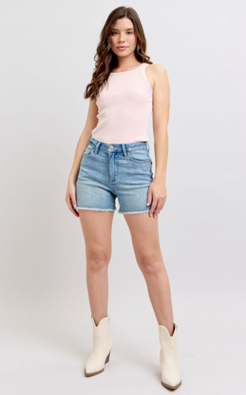 Judy Blue HW Western Embroidery Detail Cut Off Denim Shorts 150147