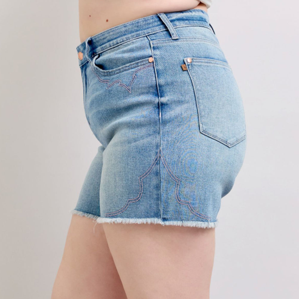 Judy Blue HW Western Embroidery Detail Cut Off Denim Shorts 150147