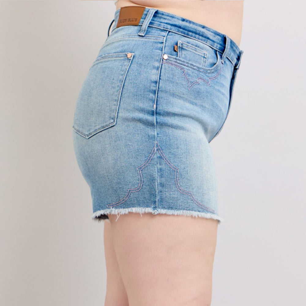 Judy Blue HW Western Embroidery Detail Cut Off Denim Shorts 150147
