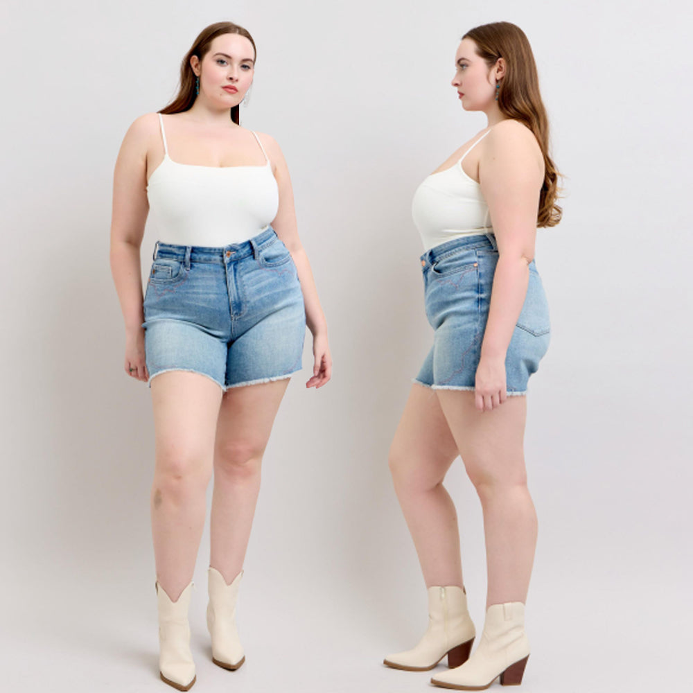 Judy Blue HW Western Embroidery Detail Cut Off Denim Shorts 150147