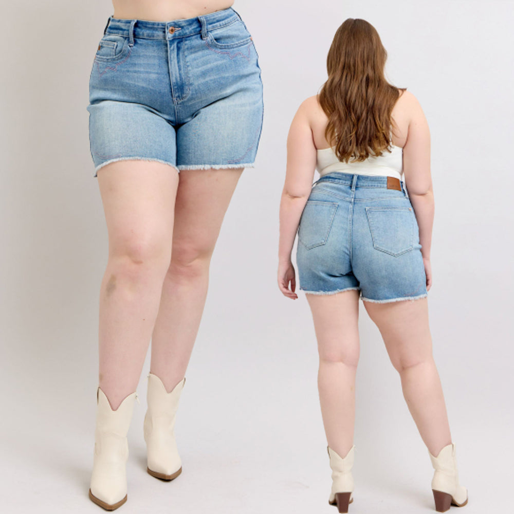Judy Blue HW Western Embroidery Detail Cut Off Denim Shorts 150147