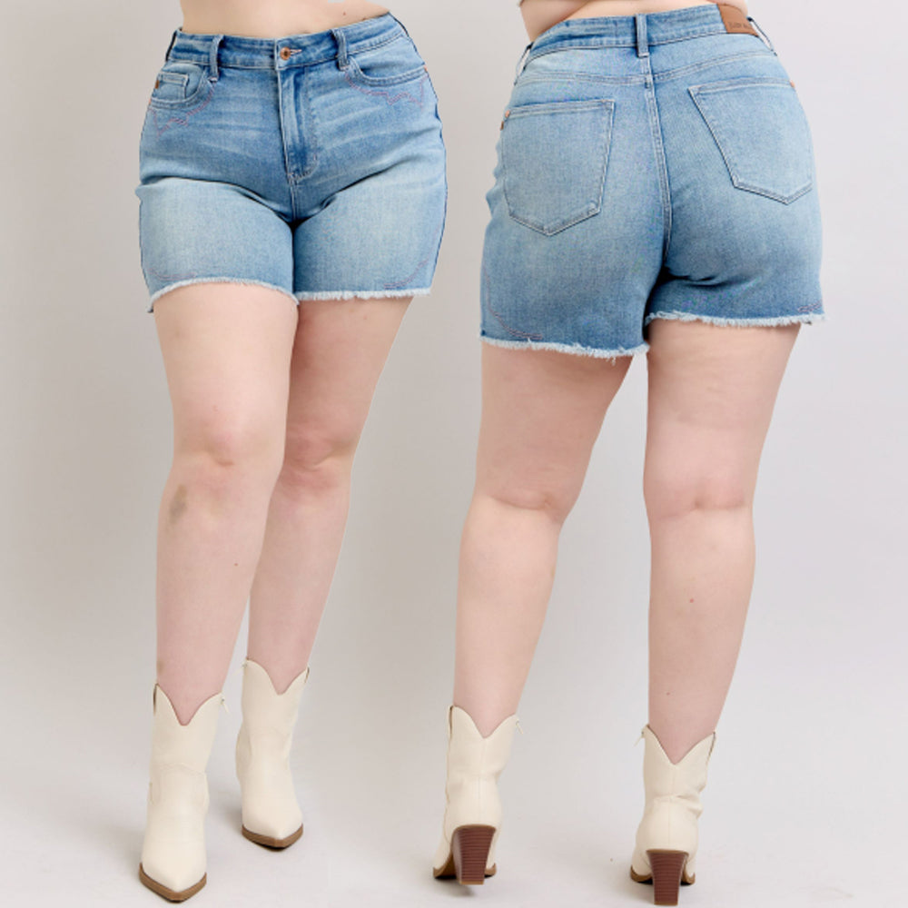 Judy Blue HW Western Embroidery Detail Cut Off Denim Shorts 150147