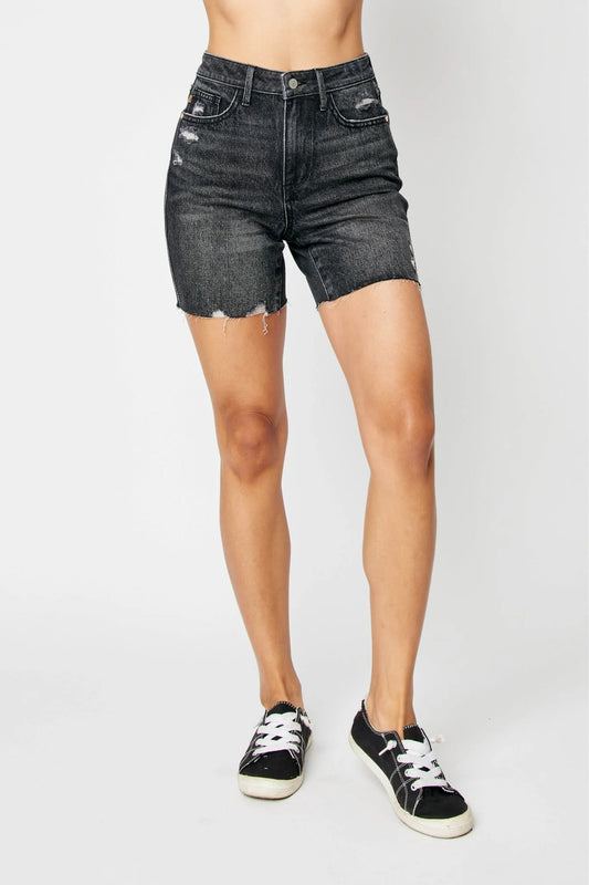 Judy Blue High Waist Rigid Magic Destroy Raw Hem Denim Shorts #150252