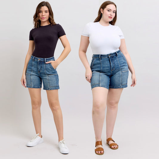 Judy Blue High Waist Utility Mid Length Denim Shorts #150316