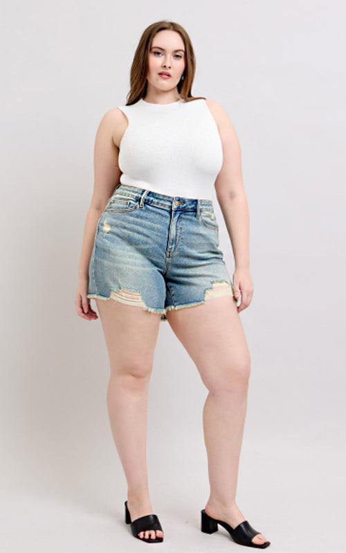 Judy Blue HW Washed Fly Stitch Detail and Destroy Denim Shorts 150323