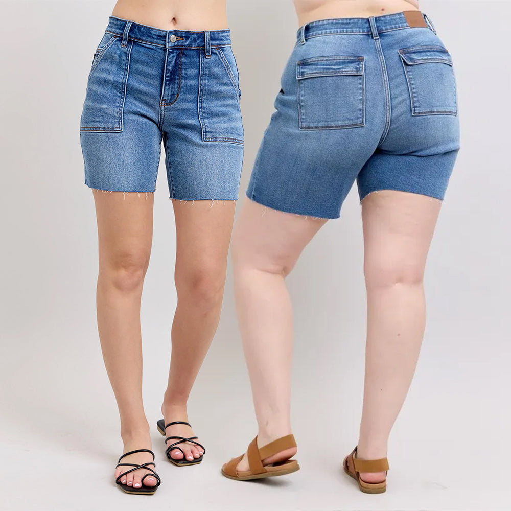 Judy Blue Mid Rise Bermudas Denim Shorts W/ Back Flap Pockets 15288