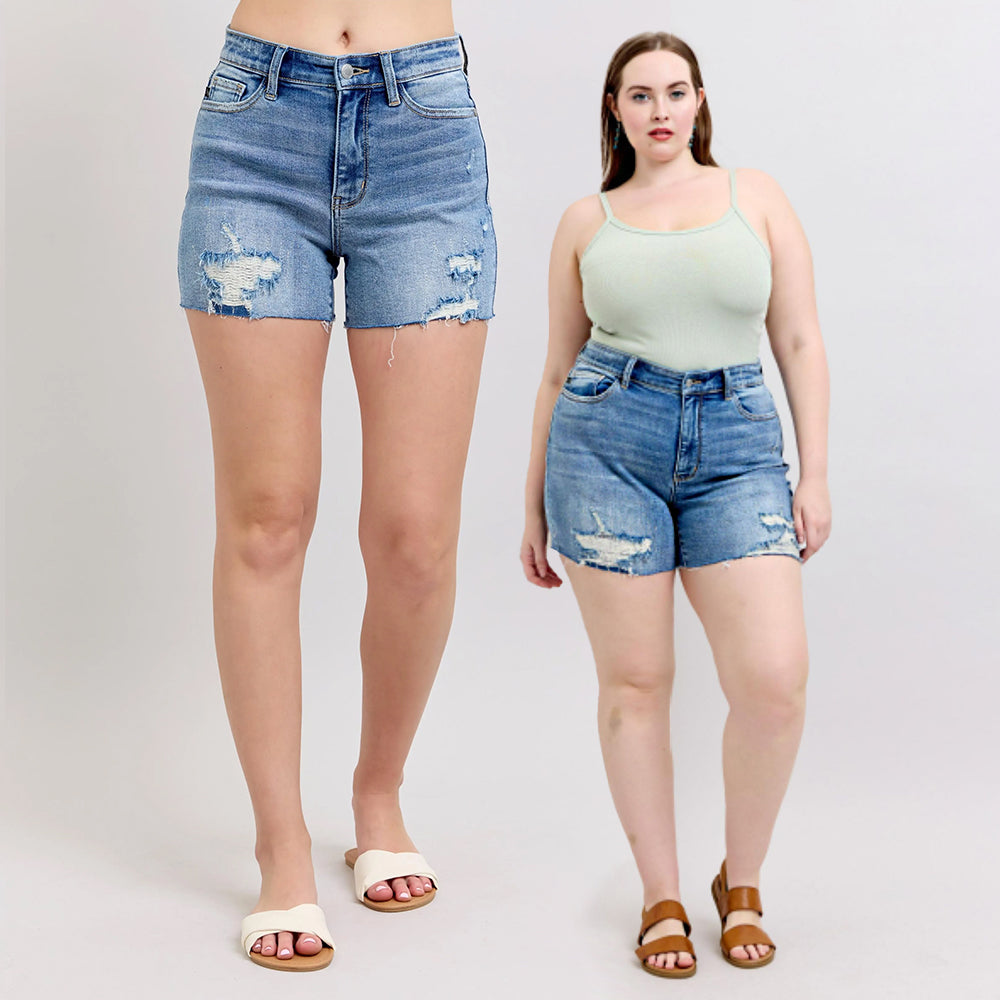 Judy Blue High Waist Denim Shorts W/stitch Over Destroy Detail 15294