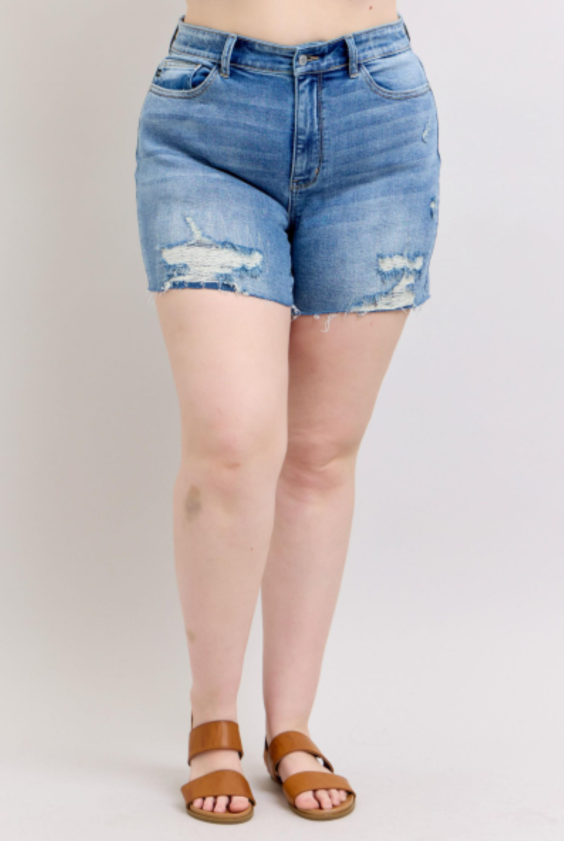 Judy Blue High Waist Denim Shorts W/stitch Over Destroy Detail 15294