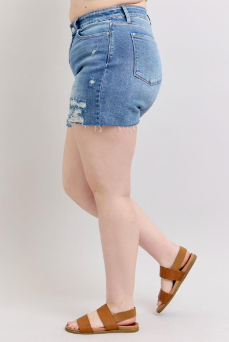 Judy Blue High Waist Denim Shorts W/stitch Over Destroy Detail 15294