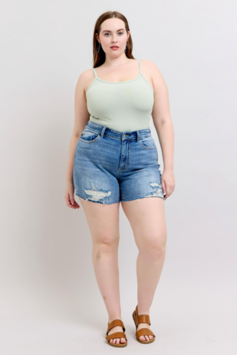 Judy Blue High Waist Denim Shorts W/stitch Over Destroy Detail 15294