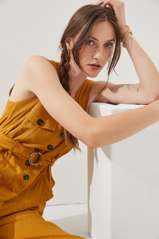 Jade By Jane Linen Blend Sleeveless Square Neck Button Down Ankle Jumpsuit