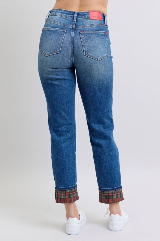 Judy Blue Mid Rise Plaid Print Cuff Boyfriend Jeans 88877