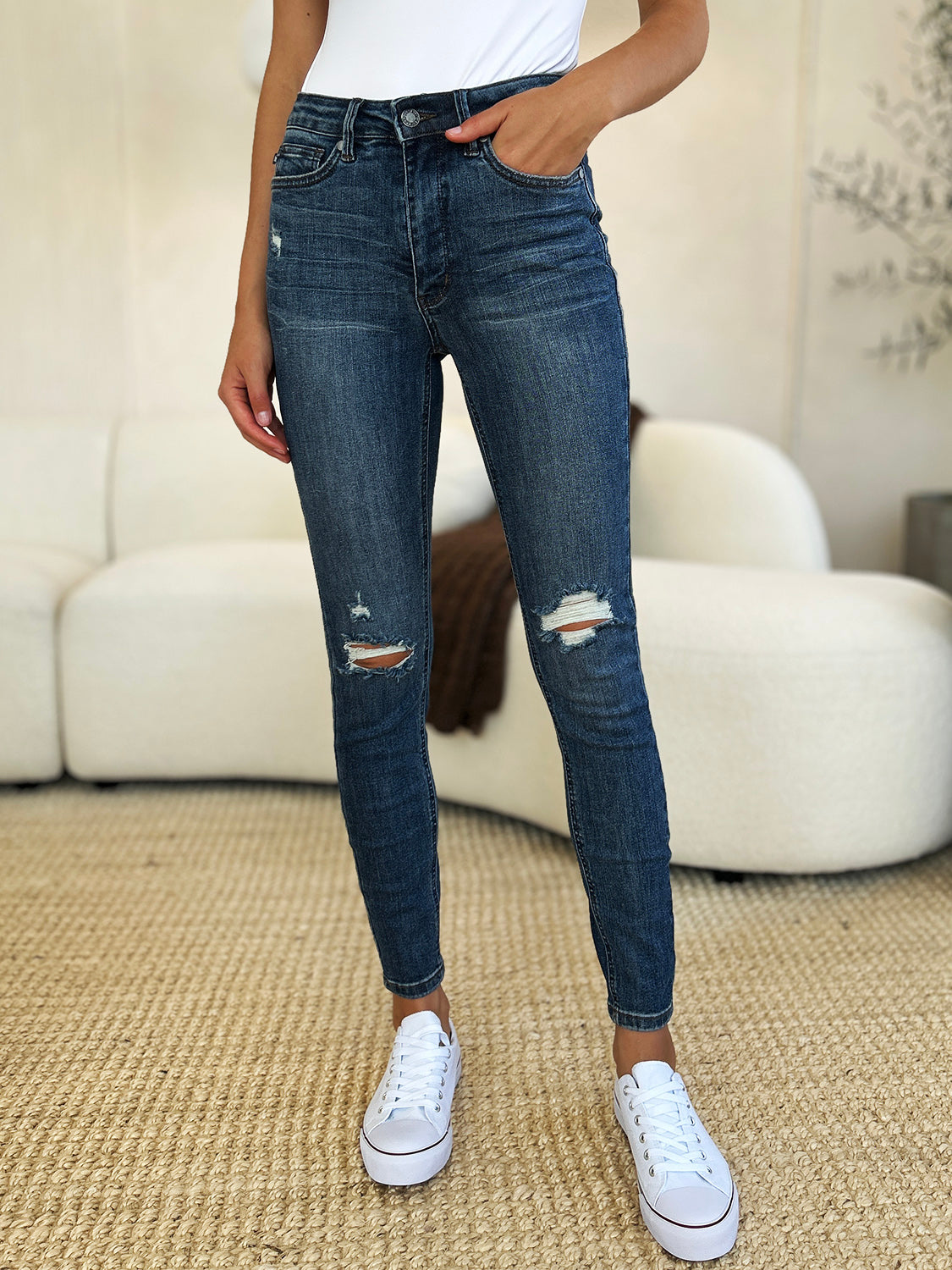 Judy Blue Mid Rise Tummy Control Distressed Skinny Jeans #88798