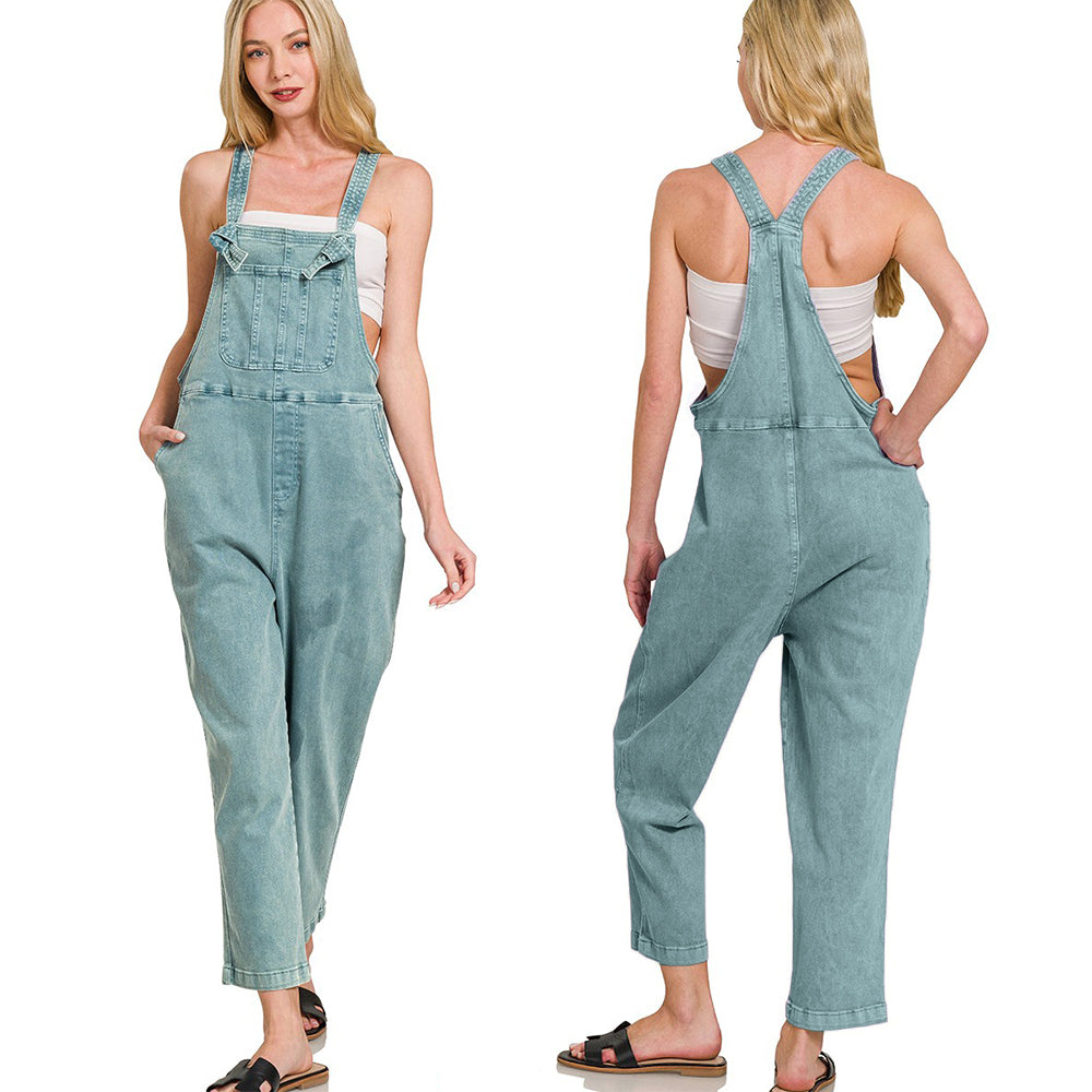 Zenana Washed Relaxed Fit Denim Overalls